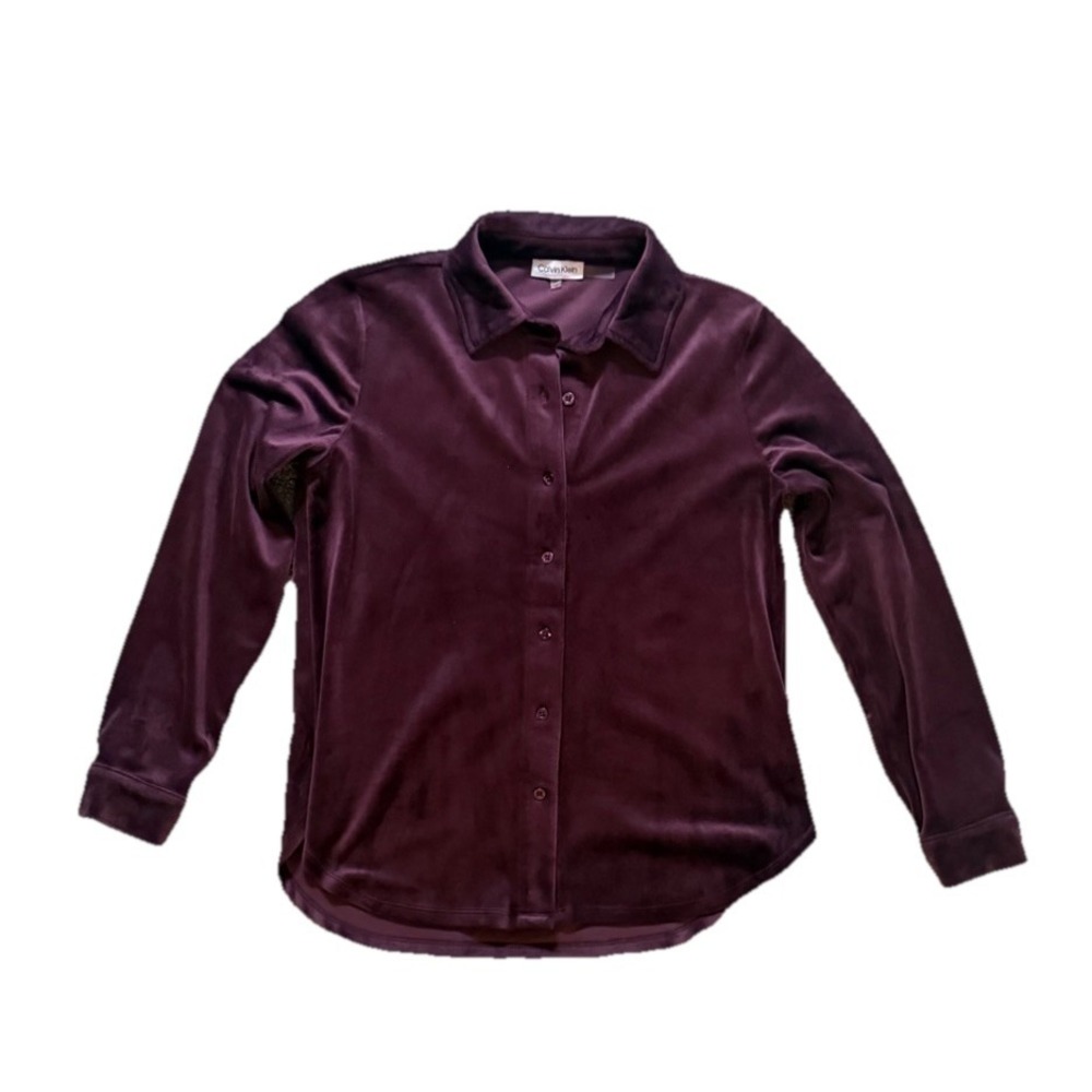 Calvin Klein XS Top Women's Purple Velvet Shirt Button Up Stretch Velour Collar